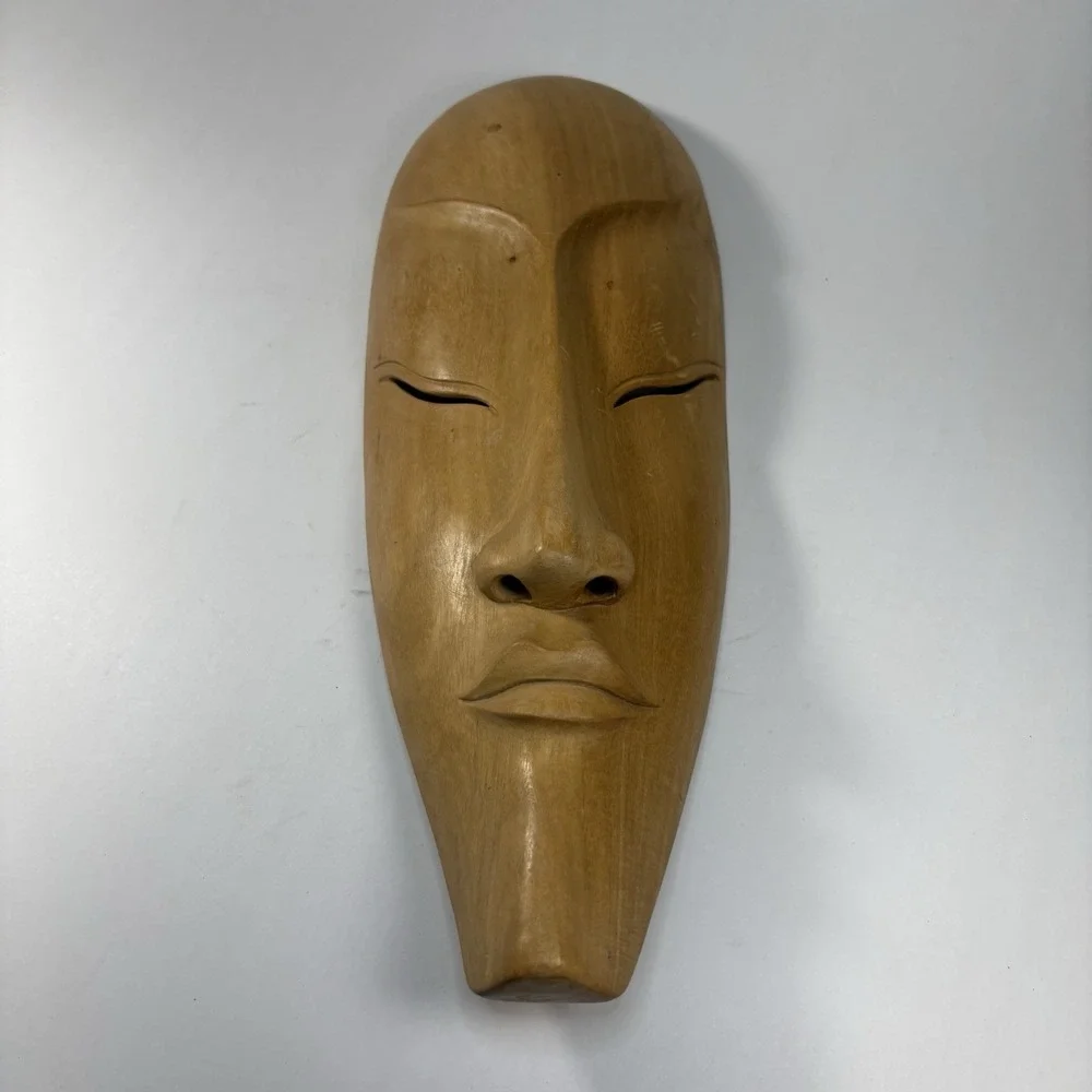 Vintage Serene Hand-Carved Wood Mask - Asian/Tribal Style Wall Decor